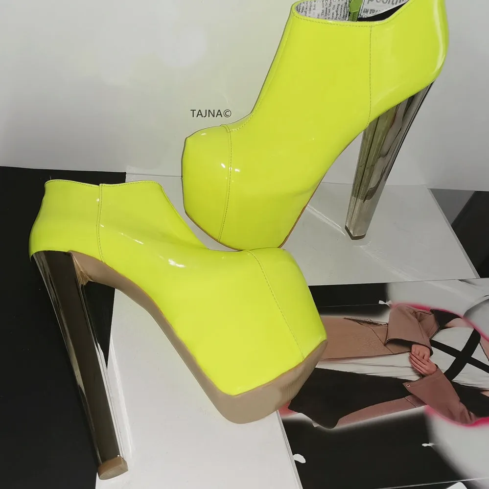 Neon Yellow Patent Platform Ankle Booties