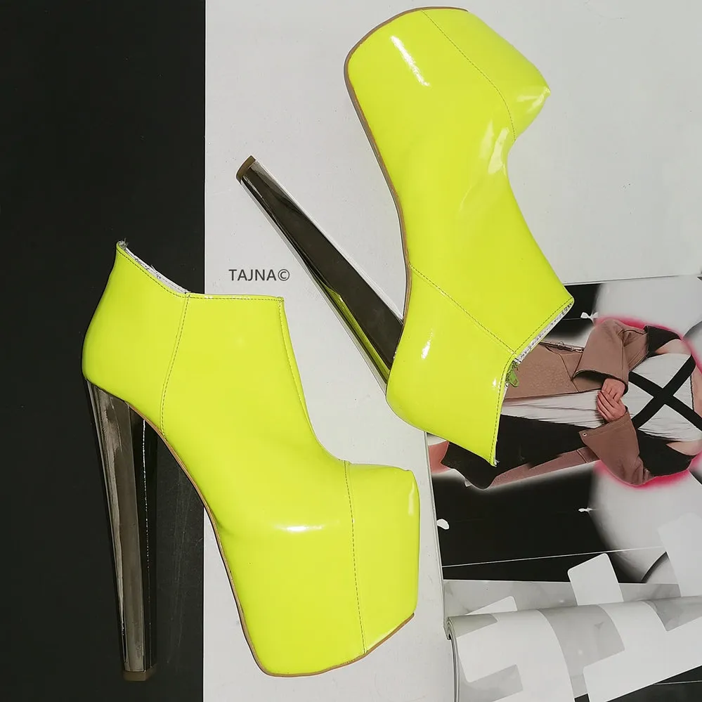 Neon Yellow Patent Platform Ankle Booties