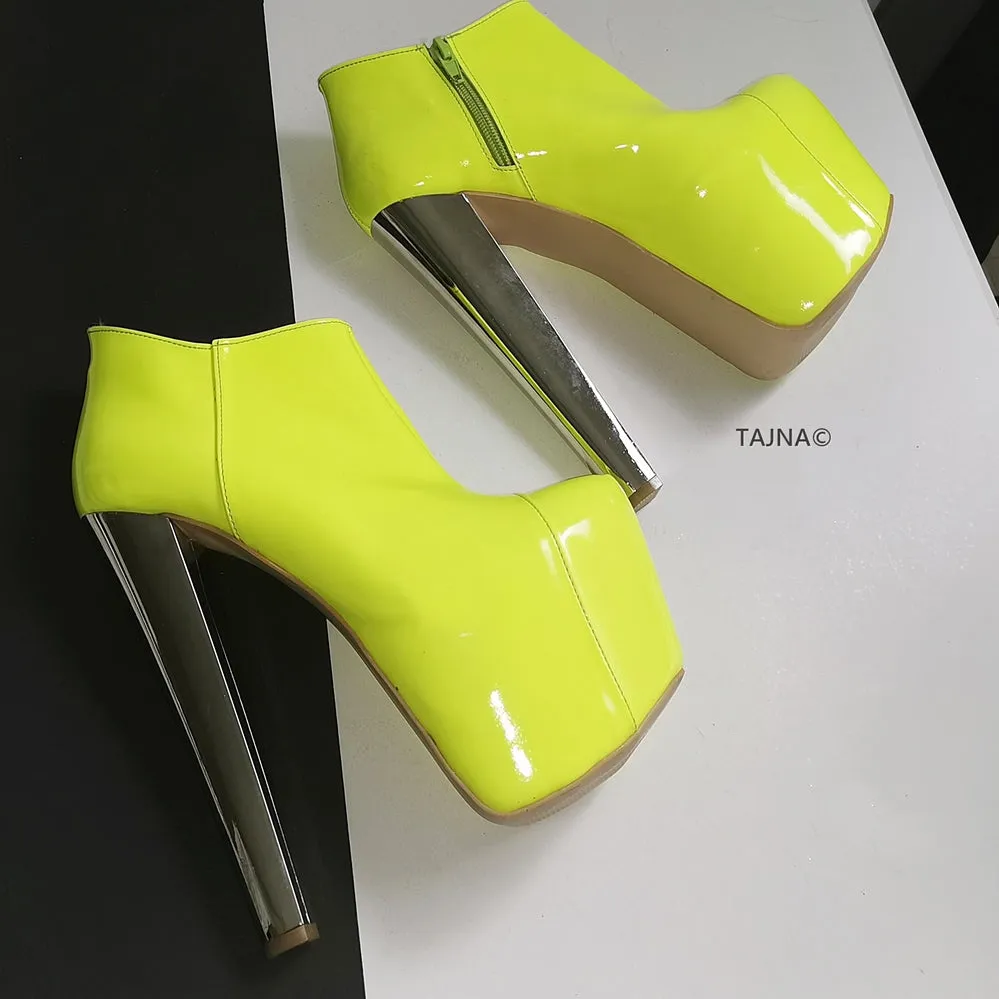 Neon Yellow Patent Platform Ankle Booties