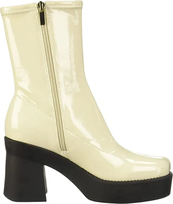 Nine West Gerri Cream Patent Chunky Block Heel Squared Toe Ankle Platform Boots