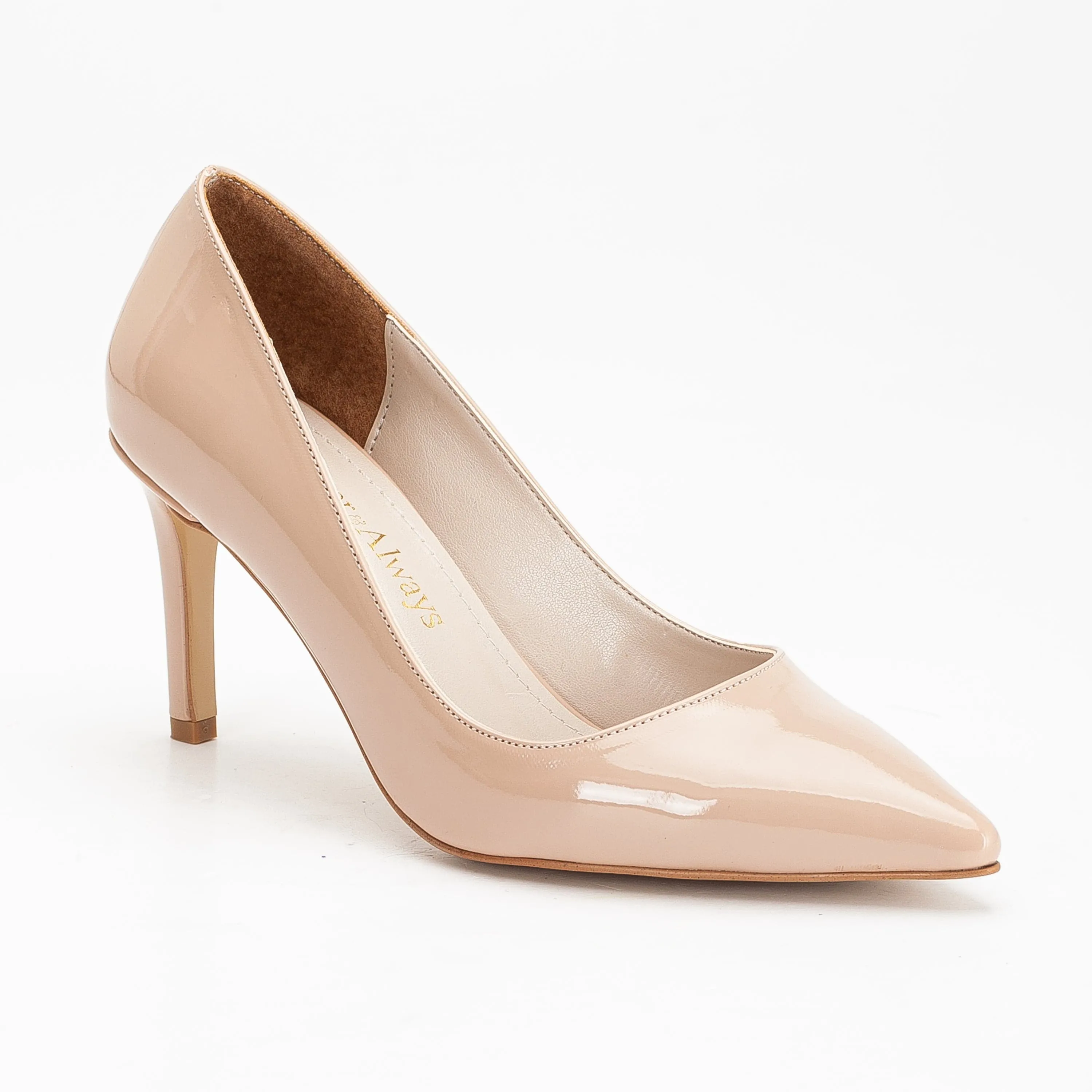Perla Vegan Patent Leather Pointed Toe Stiletto Pumps | Beige