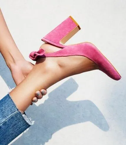Pink Bow Suede Chunky Heel Commuting Slingback Pumps