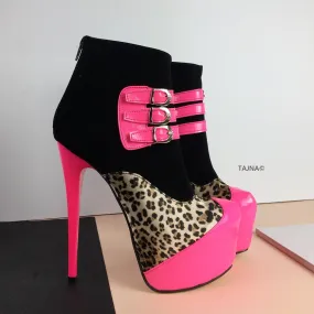 Pink Leopard Black Belted Boots