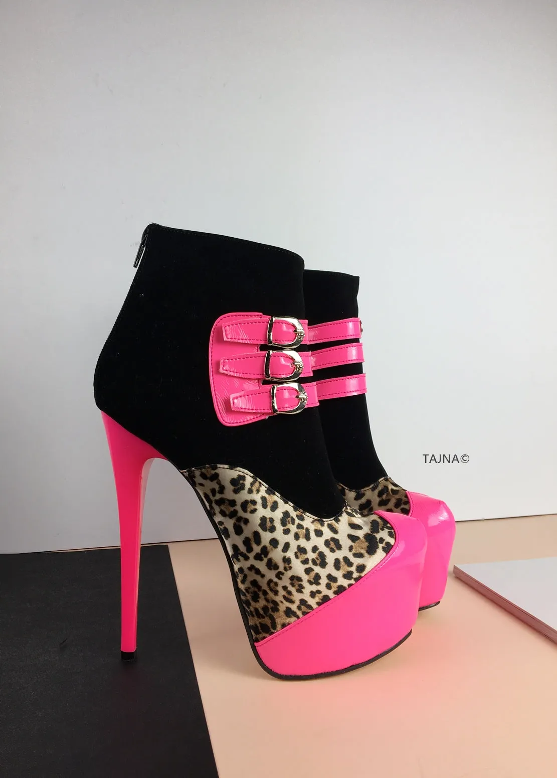 Pink Leopard Black Belted Boots