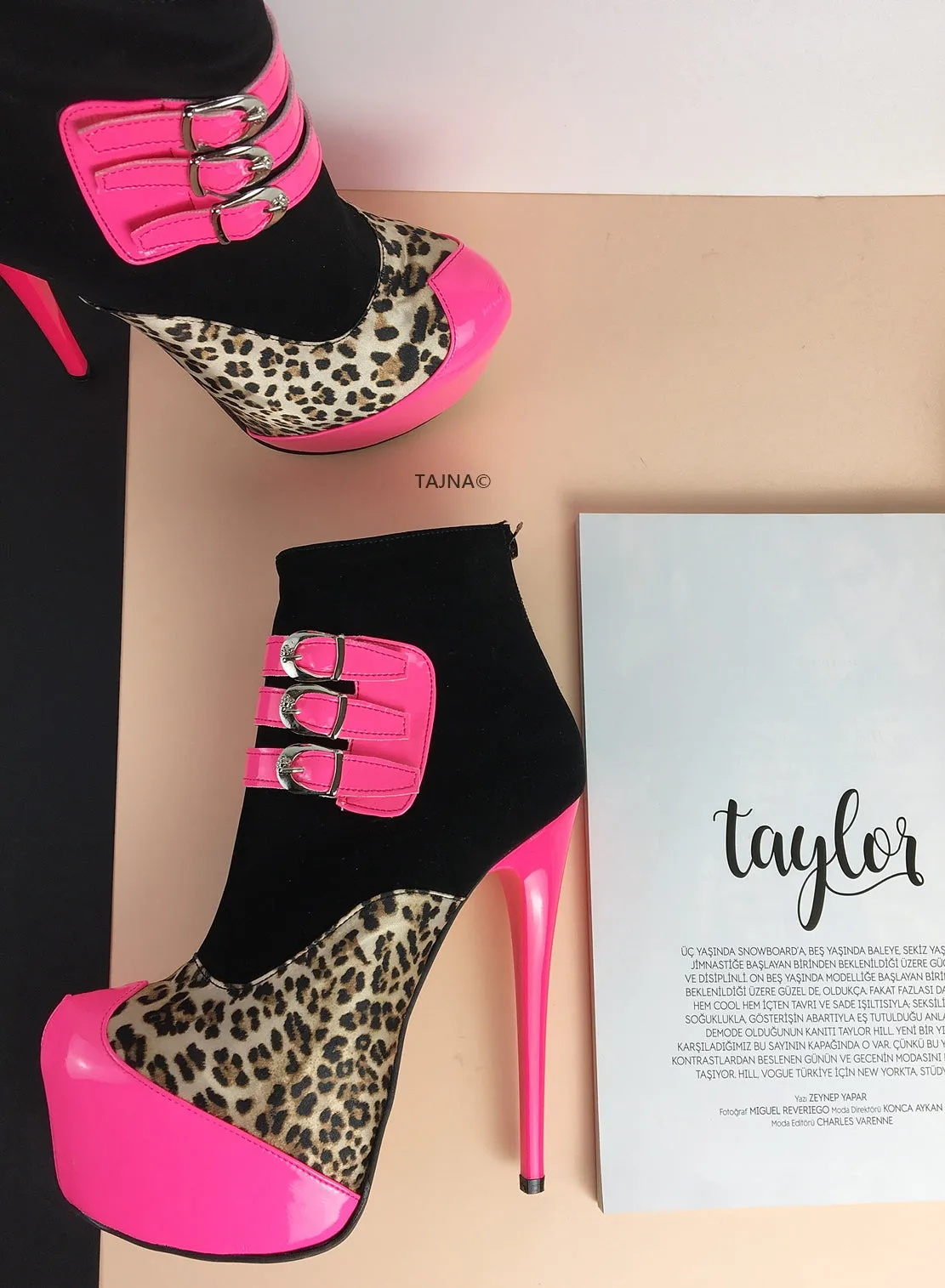 Pink Leopard Black Belted Boots