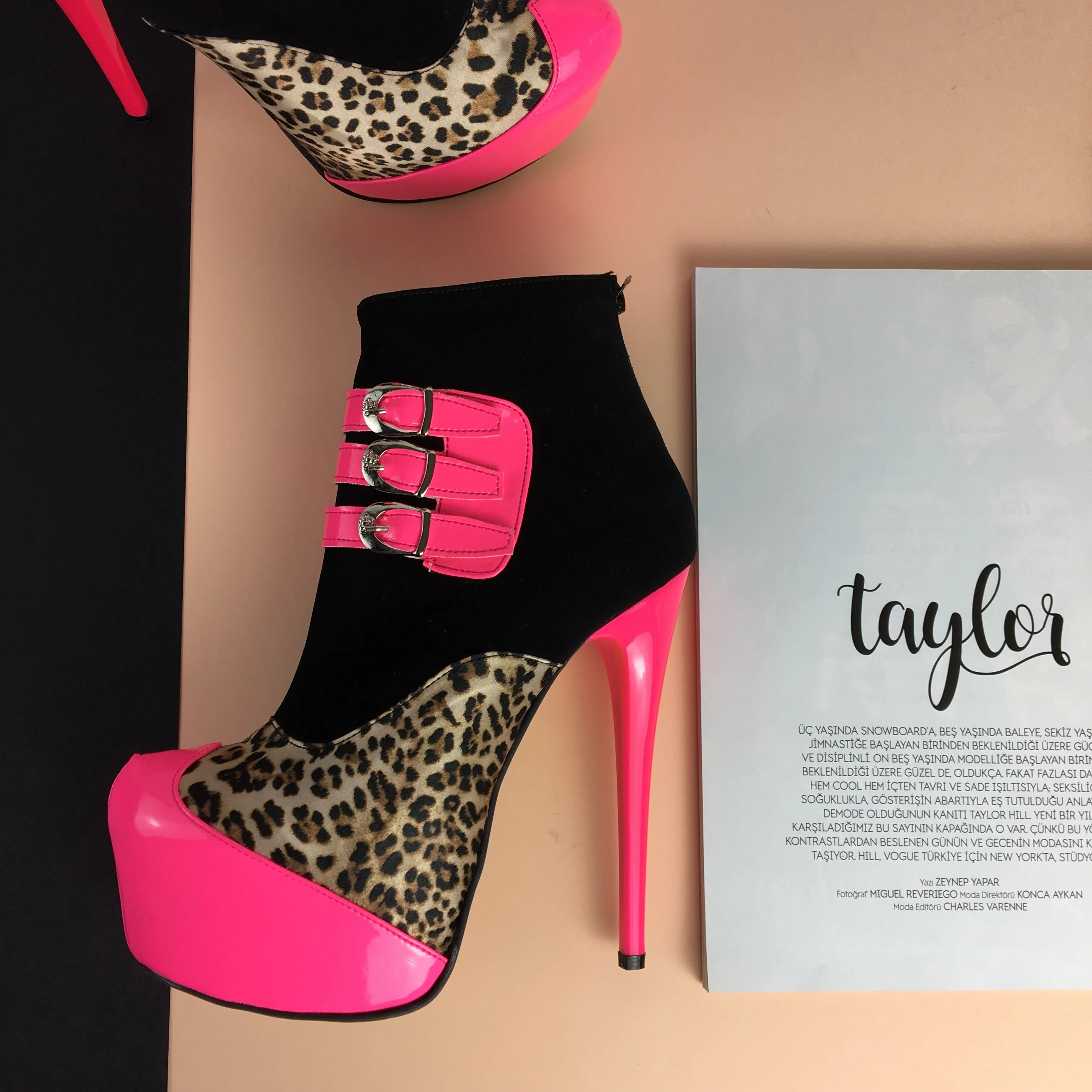 Pink Leopard Black Belted Boots