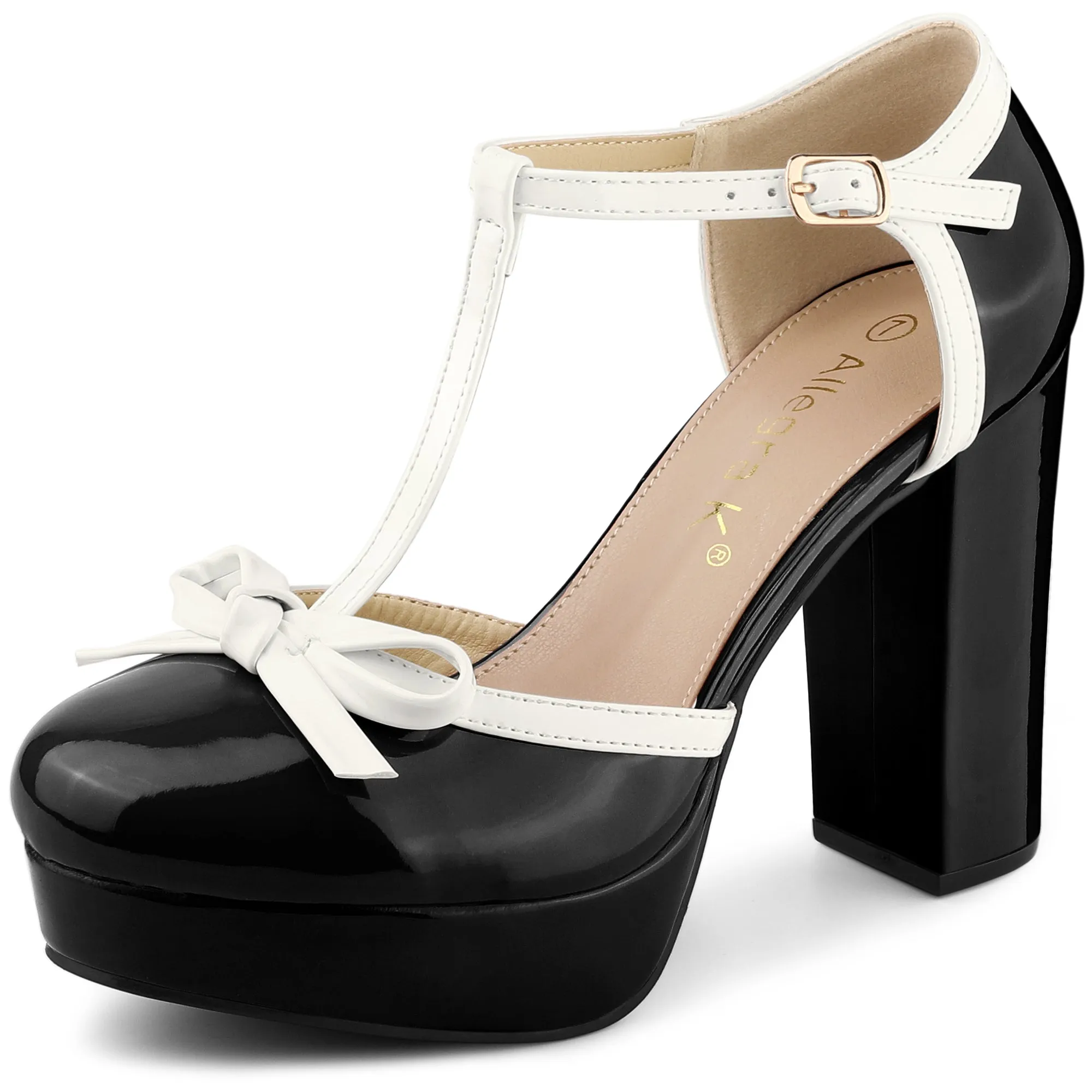 Platform Bow T Strap Chunky Heel Pumps