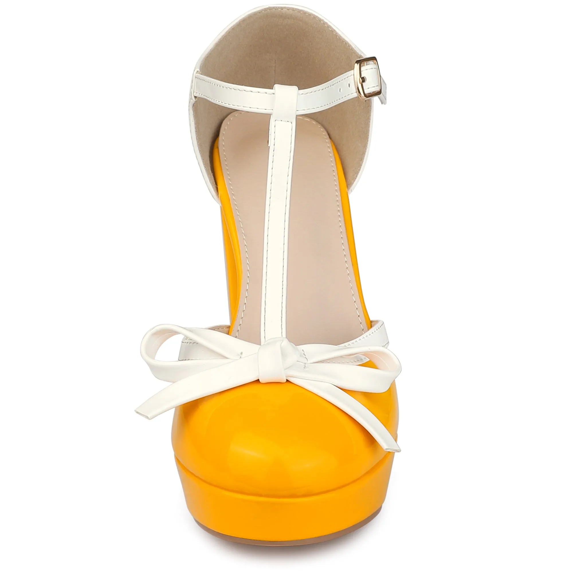 Platform Bow T Strap Chunky Heel Pumps