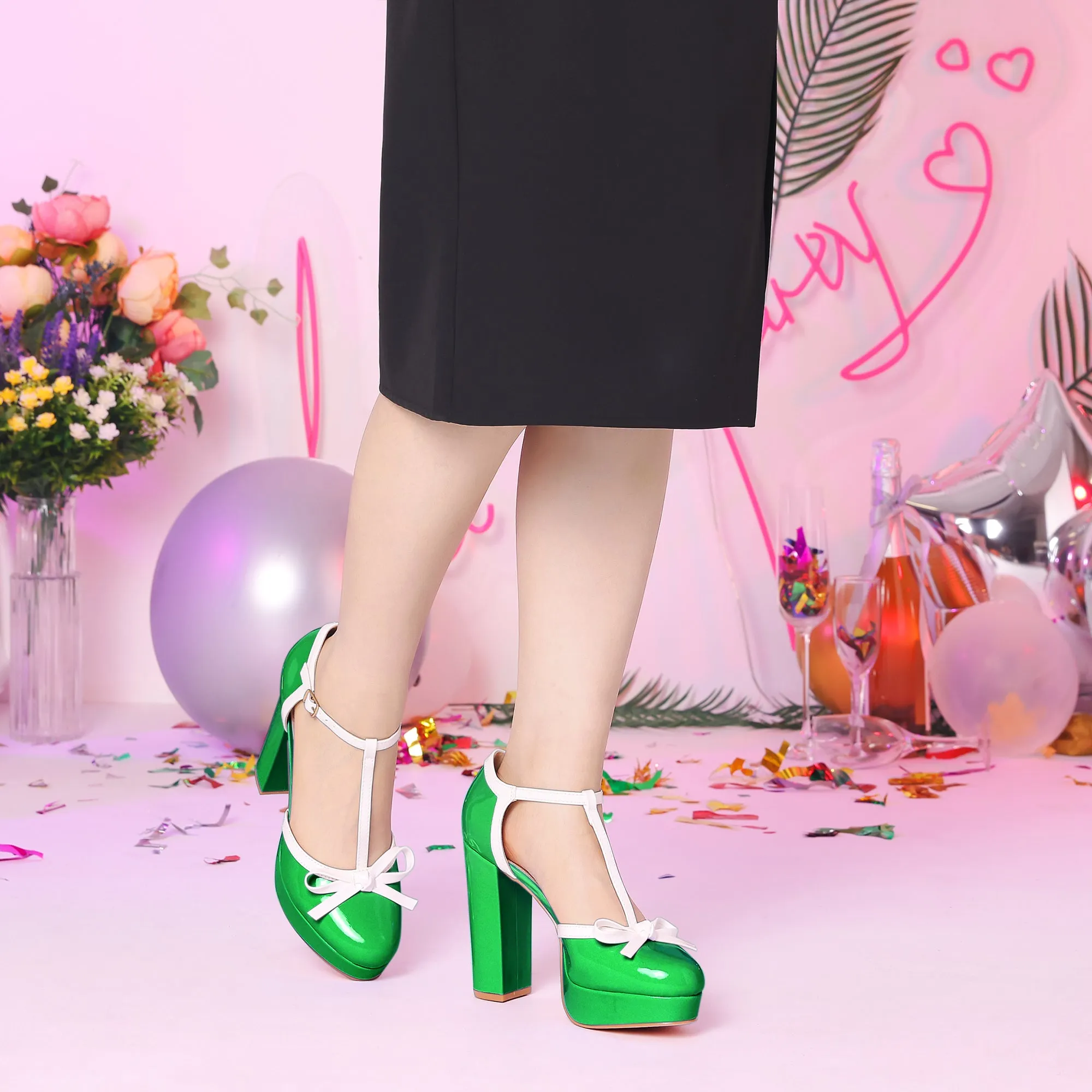 Platform Bow T Strap Chunky Heel Pumps