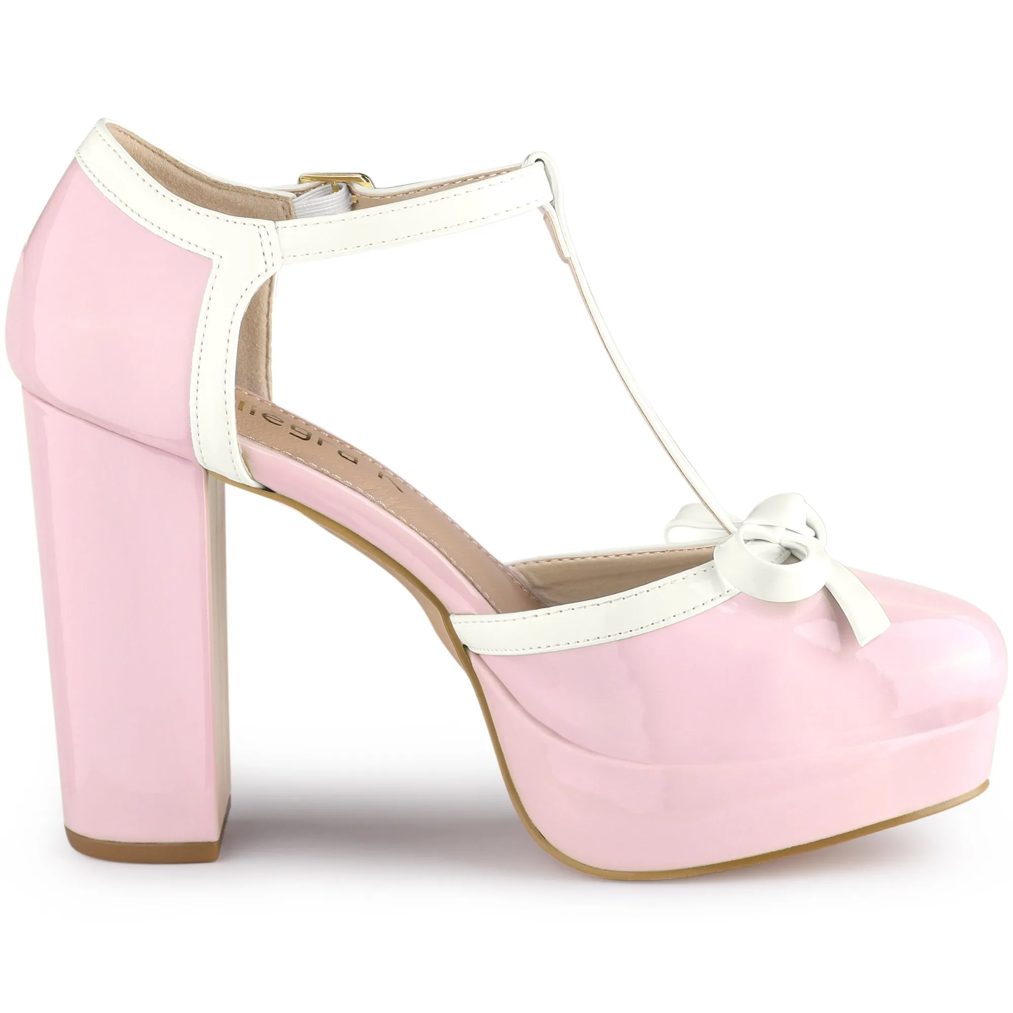 Platform Bow T Strap Chunky Heel Pumps