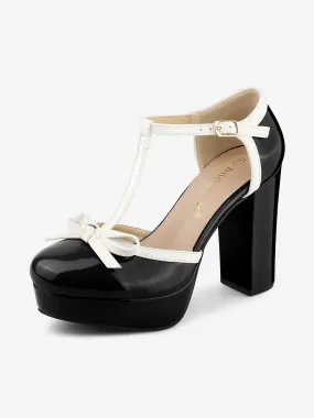 Platform Bow T Strap Chunky Heel Pumps