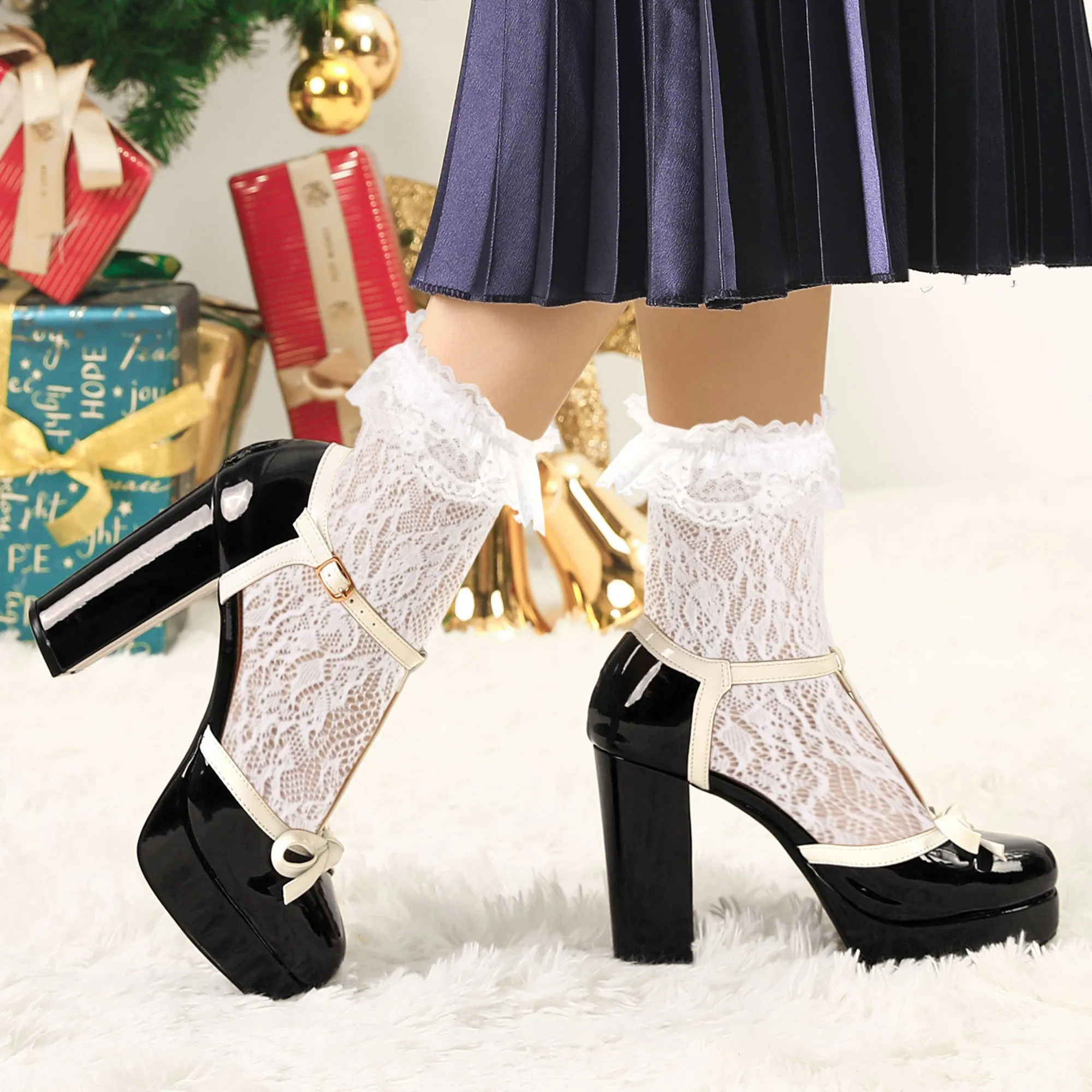 Platform Bow T Strap Chunky Heel Pumps