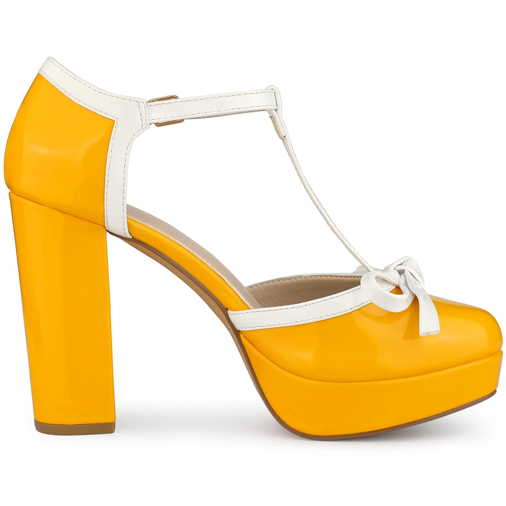 Platform Bow T Strap Chunky Heel Pumps