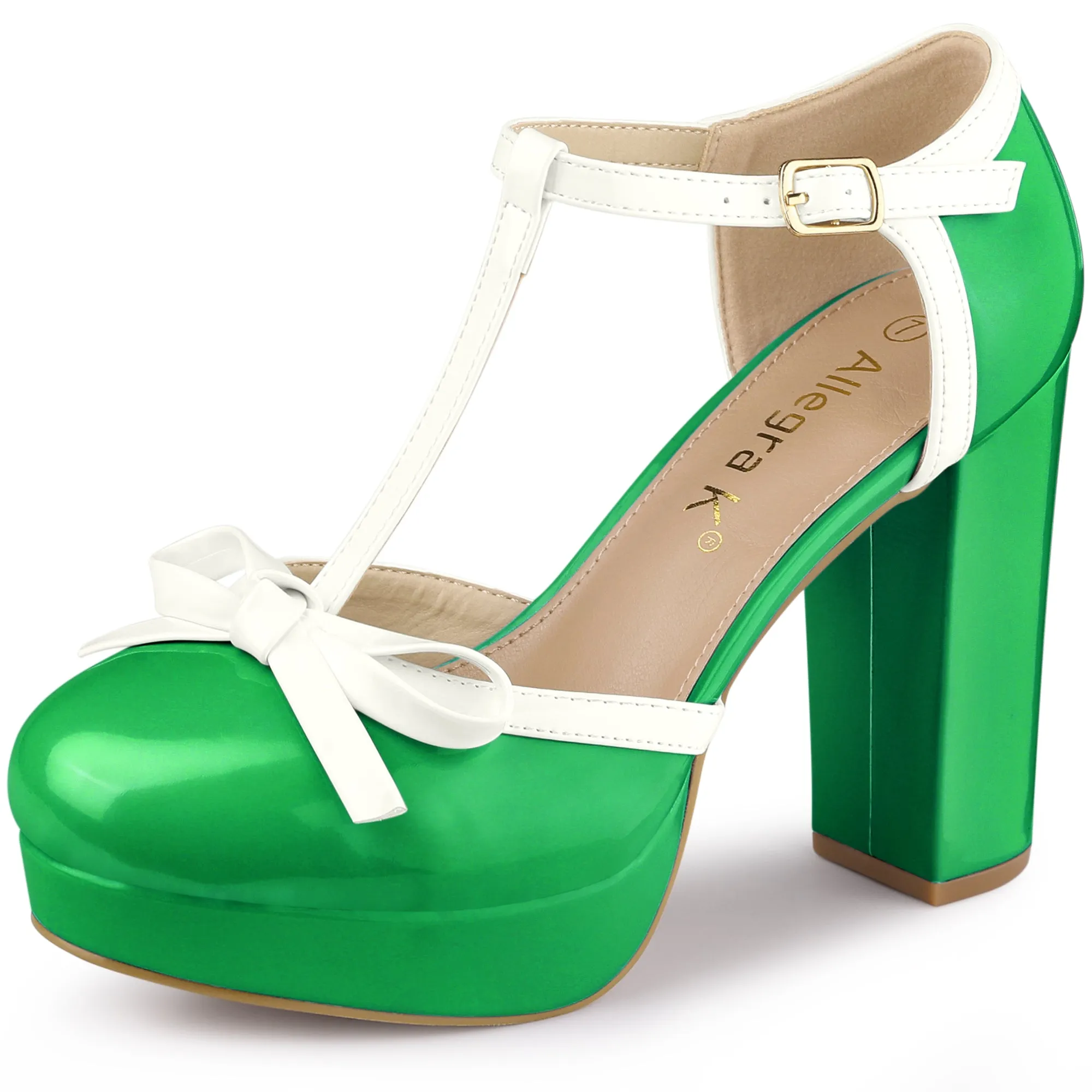 Platform Bow T Strap Chunky Heel Pumps