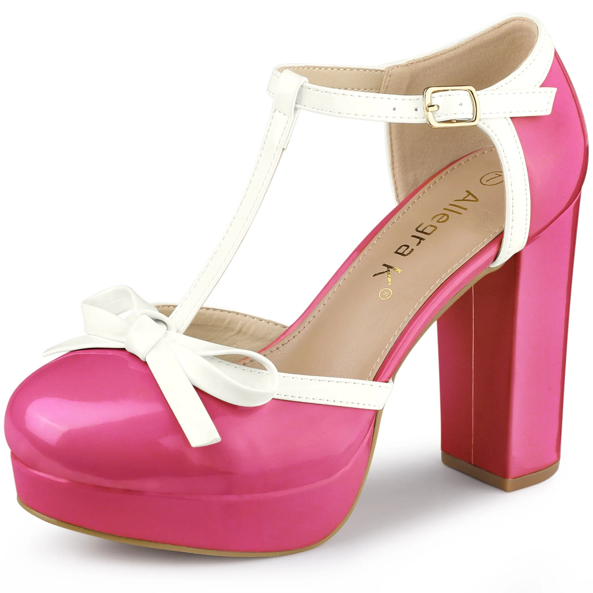 Platform Bow T Strap Chunky Heel Pumps