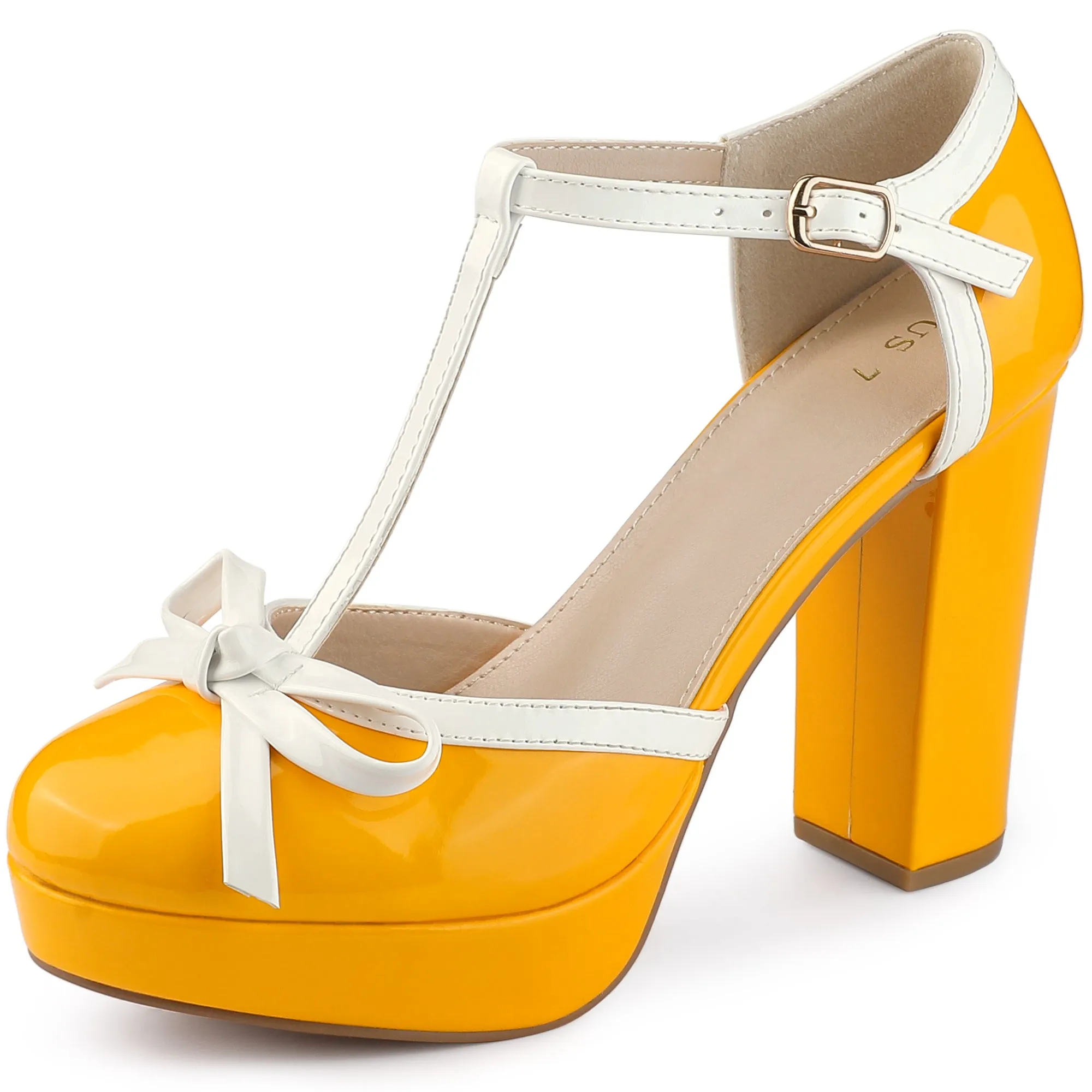 Platform Bow T Strap Chunky Heel Pumps
