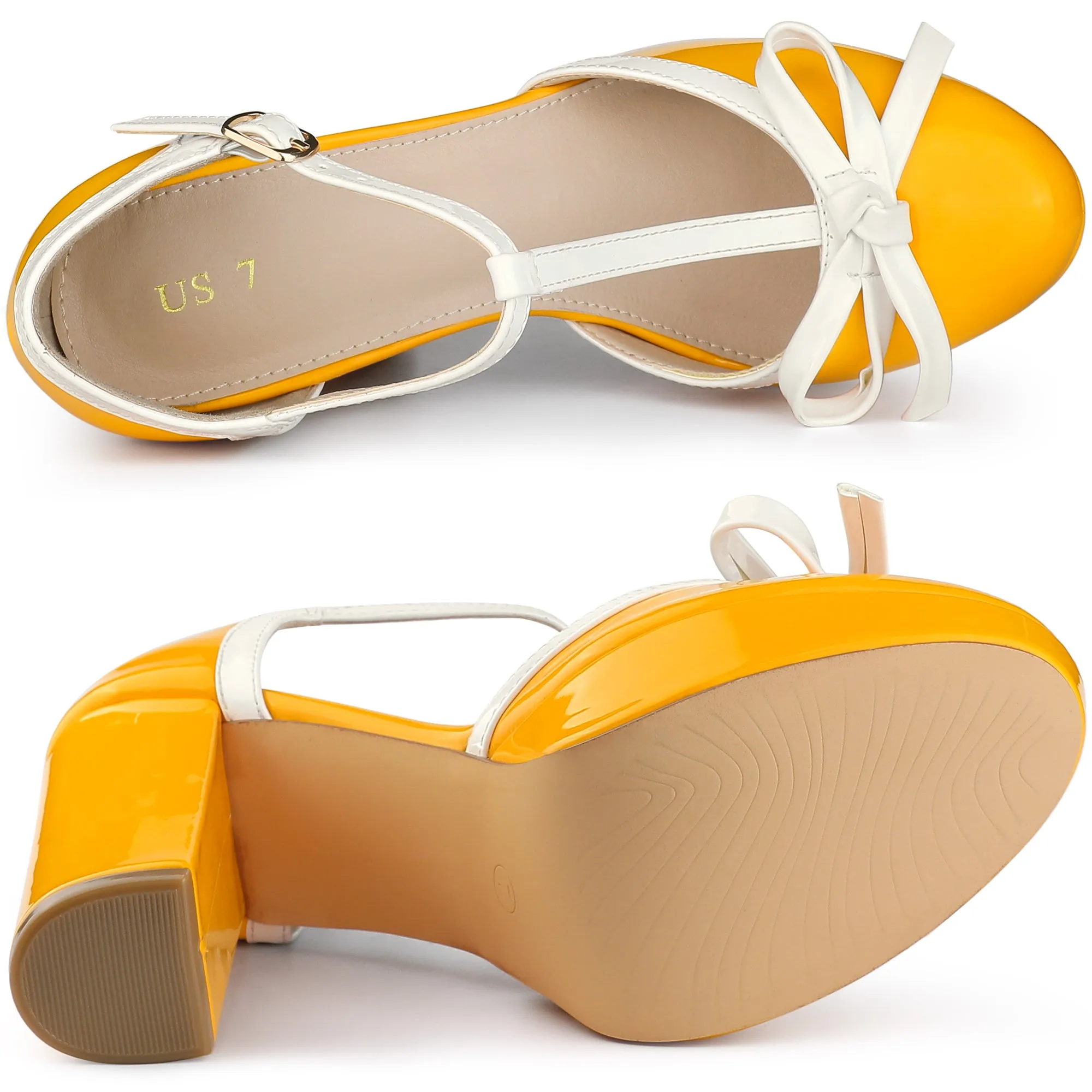 Platform Bow T Strap Chunky Heel Pumps