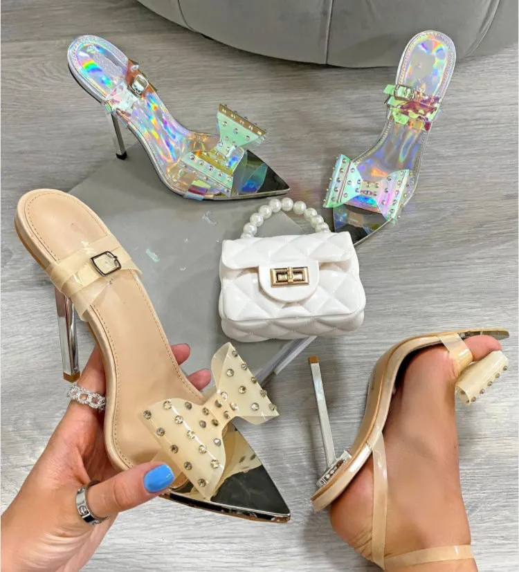 Pointed Toe PVC Bow Rhinestone Stilettos