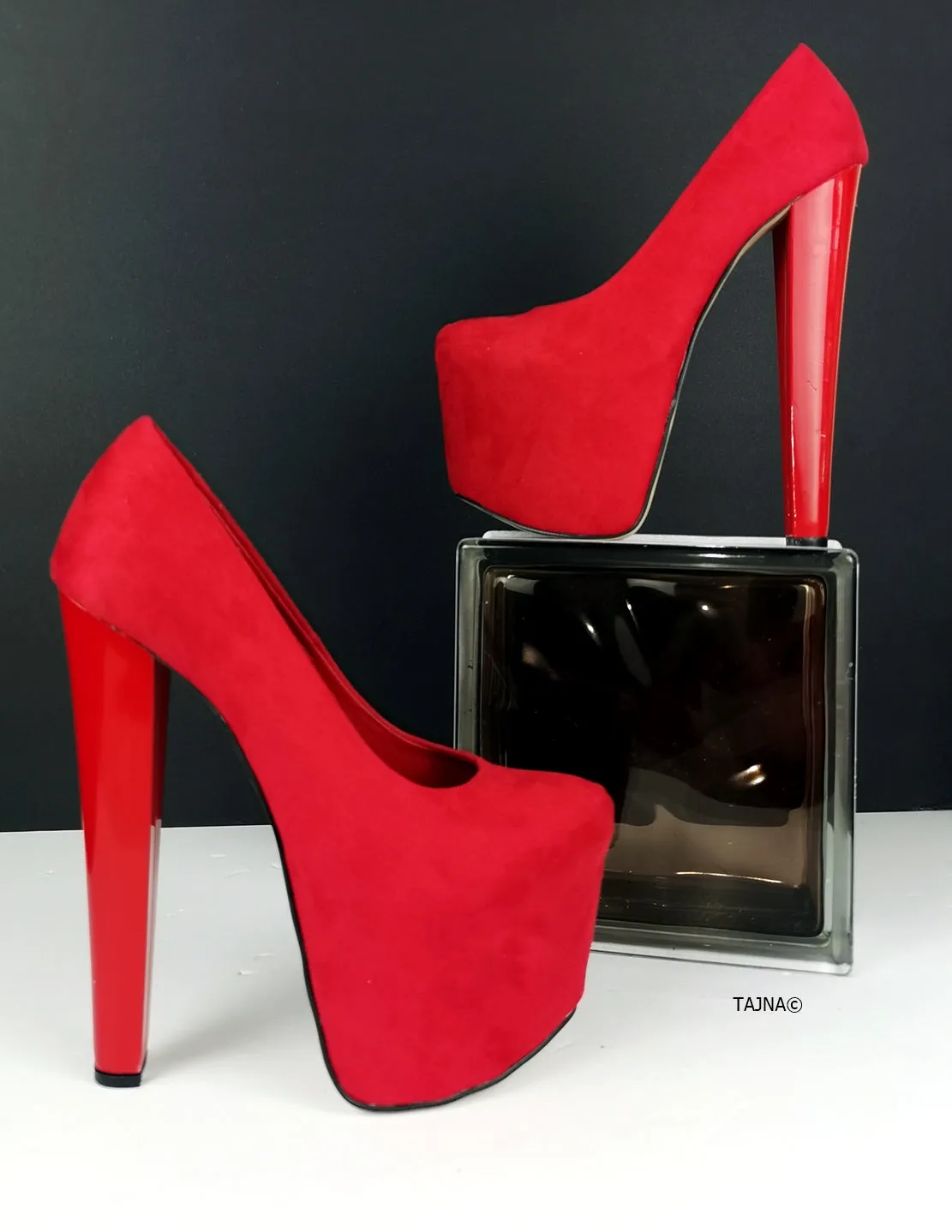 Red Suede Platform Pumps Chunky Heels