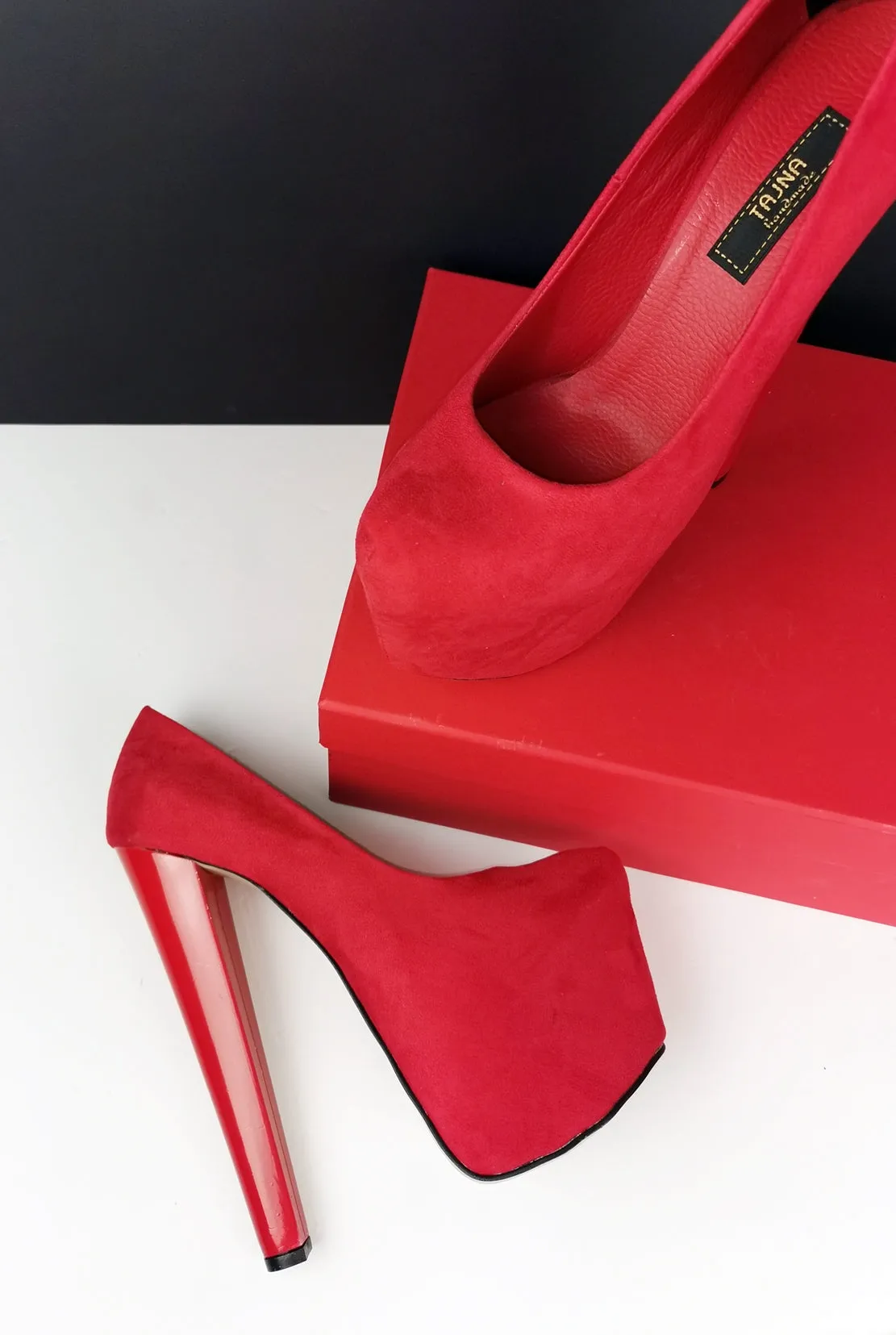 Red Suede Platform Pumps Chunky Heels