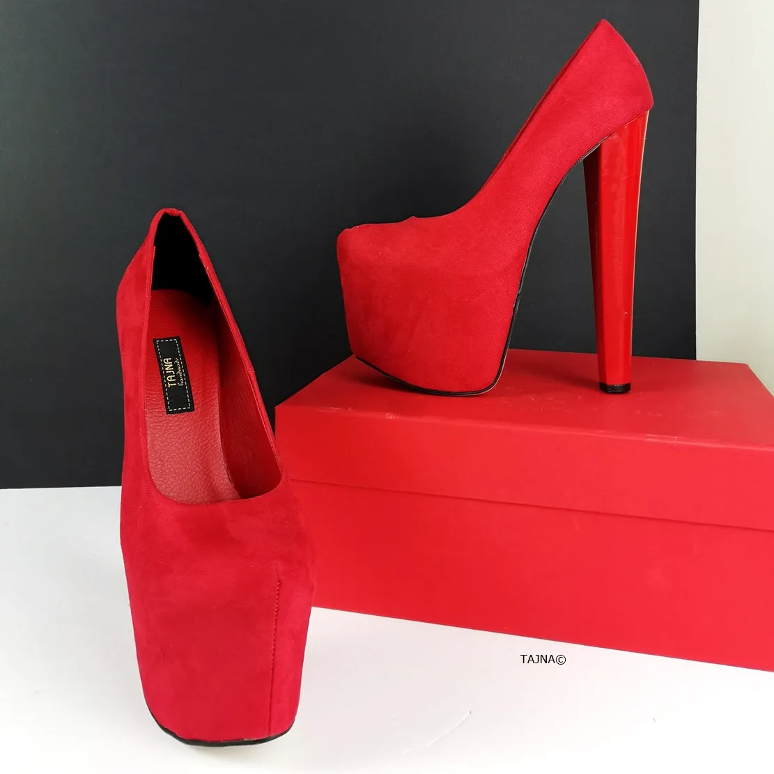 Red Suede Platform Pumps Chunky Heels