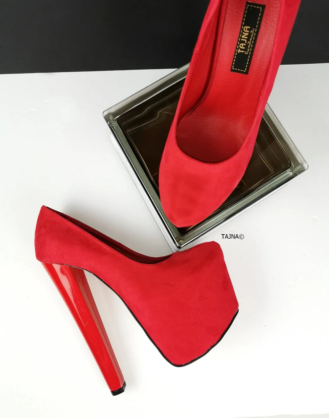 Red Suede Platform Pumps Chunky Heels