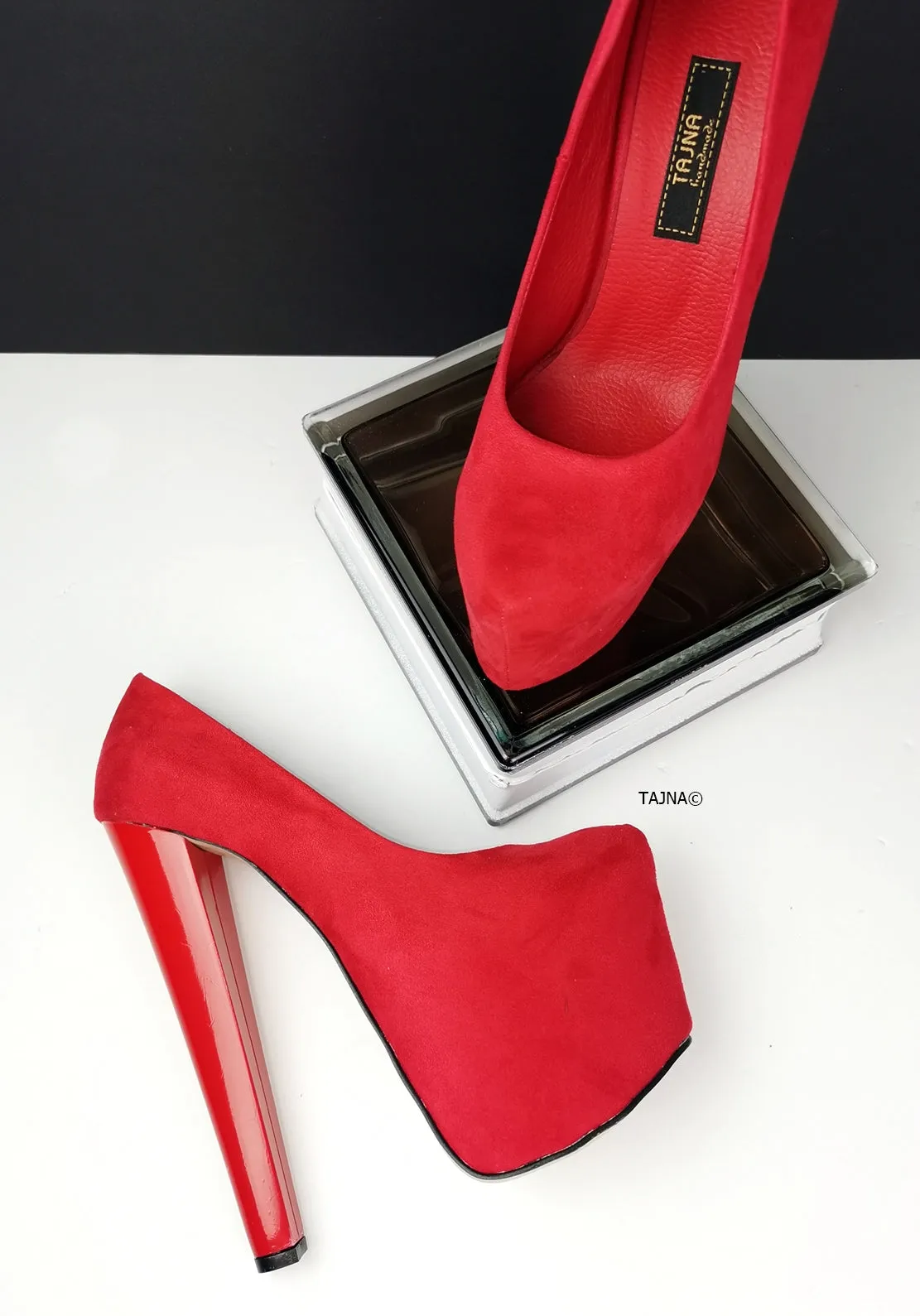 Red Suede Platform Pumps Chunky Heels