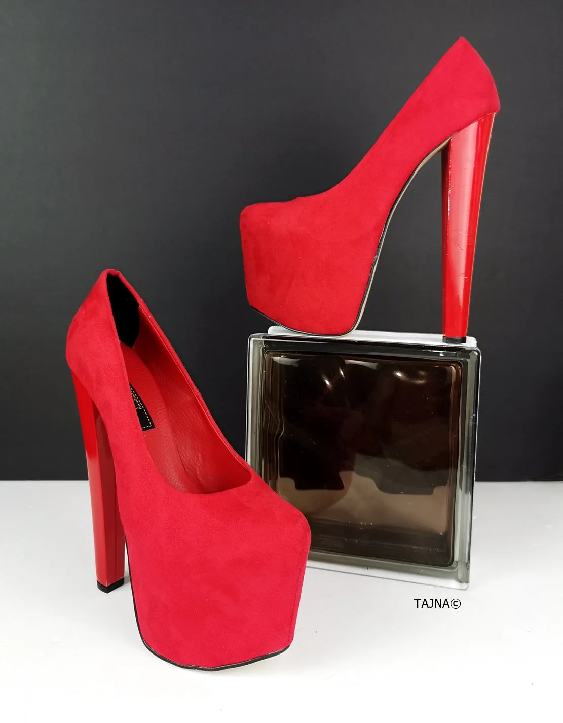 Red Suede Platform Pumps Chunky Heels