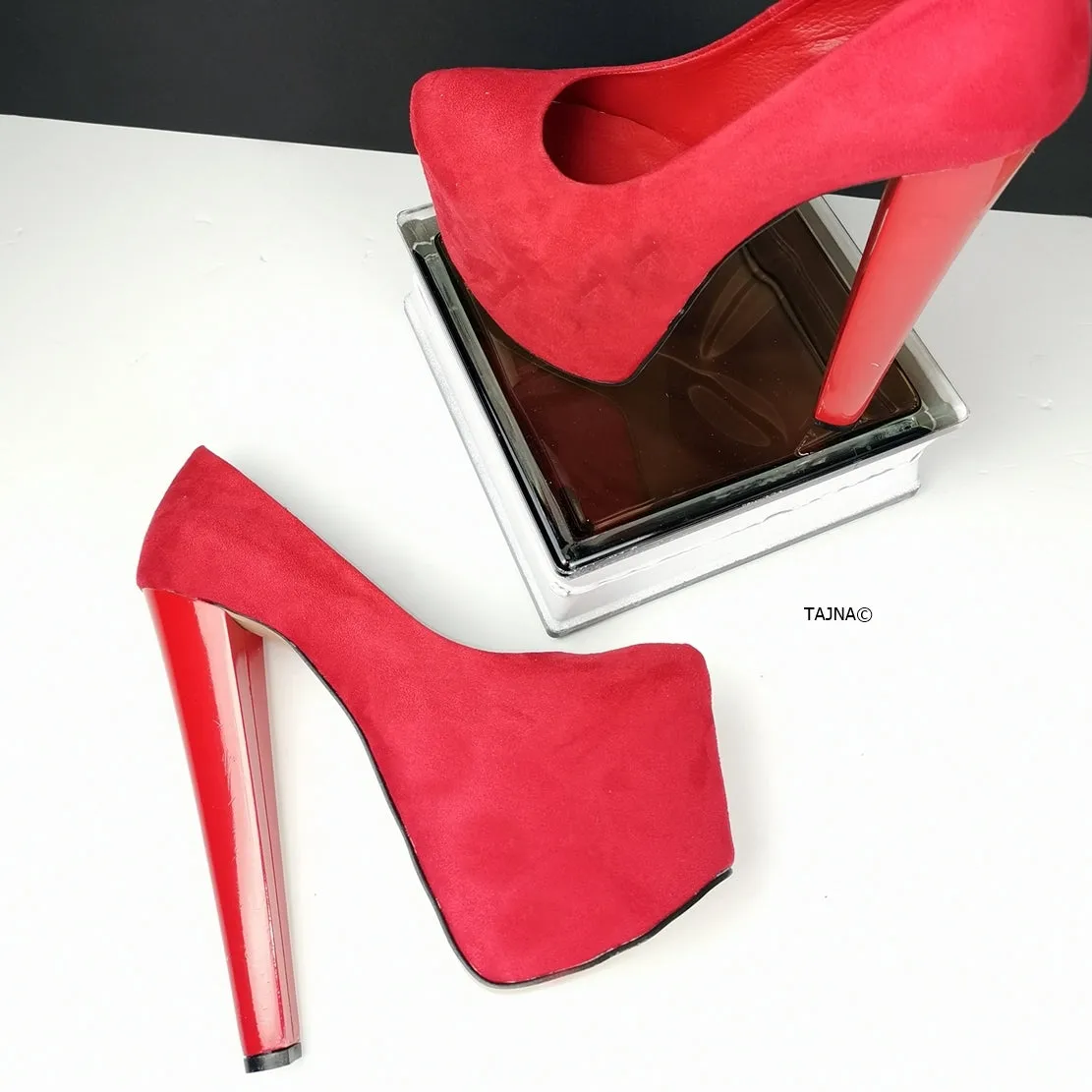 Red Suede Platform Pumps Chunky Heels