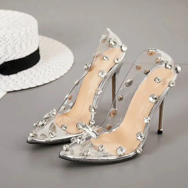 Rhinestone High Heels - Silver Pointed Toe Stilettos with 0.5cm and 11.5cm Heels