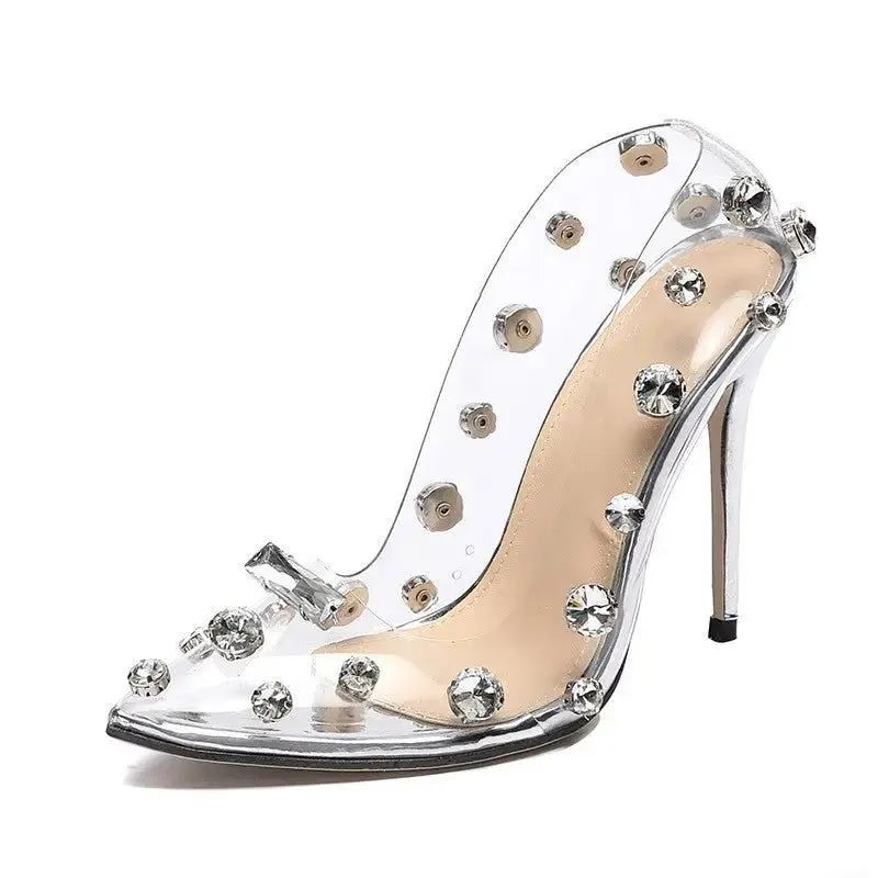 Rhinestone High Heels - Silver Pointed Toe Stilettos with 0.5cm and 11.5cm Heels
