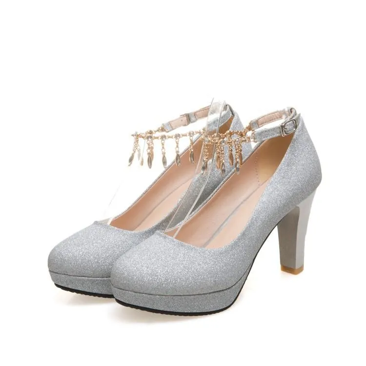 Rhinestone High Heelss Thick-heeled Women's Round Head Platform Chunky Pumps Wedding Shoes Woman