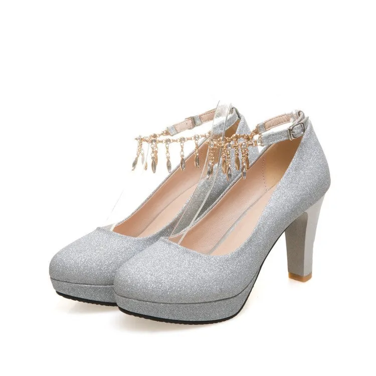 Rhinestone High Heelss Thick-heeled Women's Round Head Platform Chunky Pumps Wedding Shoes Woman