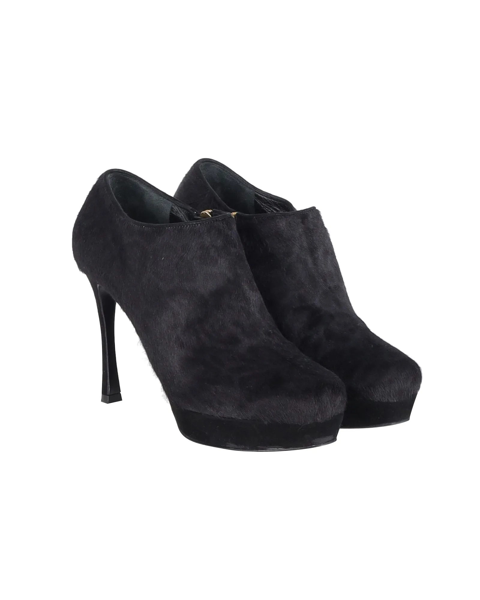 Saint Laurent Animal Print Platform Ankle Boots in Black Pony Hair