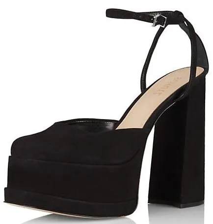 Schutz Luan New Black Ankle Strap Square Toe Chunky Platform Block Heel Pumps