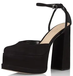 Schutz Luan New Black Ankle Strap Square Toe Chunky Platform Block Heel Pumps
