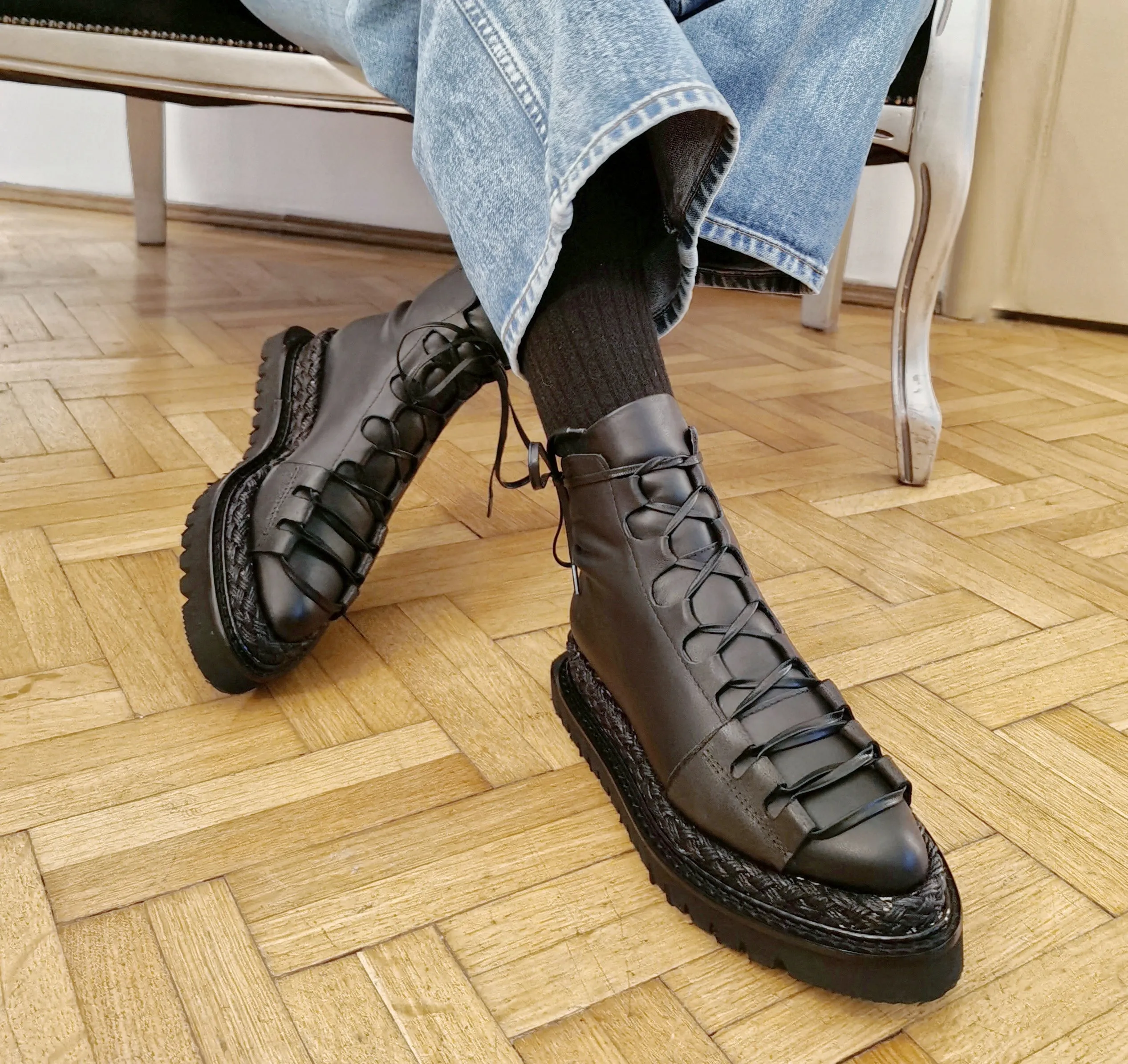 SHR Fall Joy - New Day black leather lace-up booties