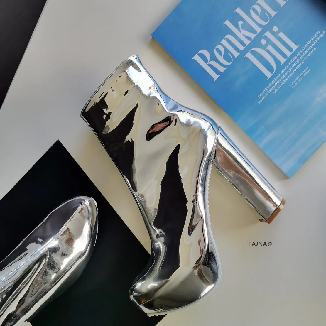 Silver Patent Mirror Chunky Heel Boots