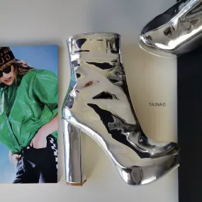 Silver Patent Mirror Chunky Heel Boots