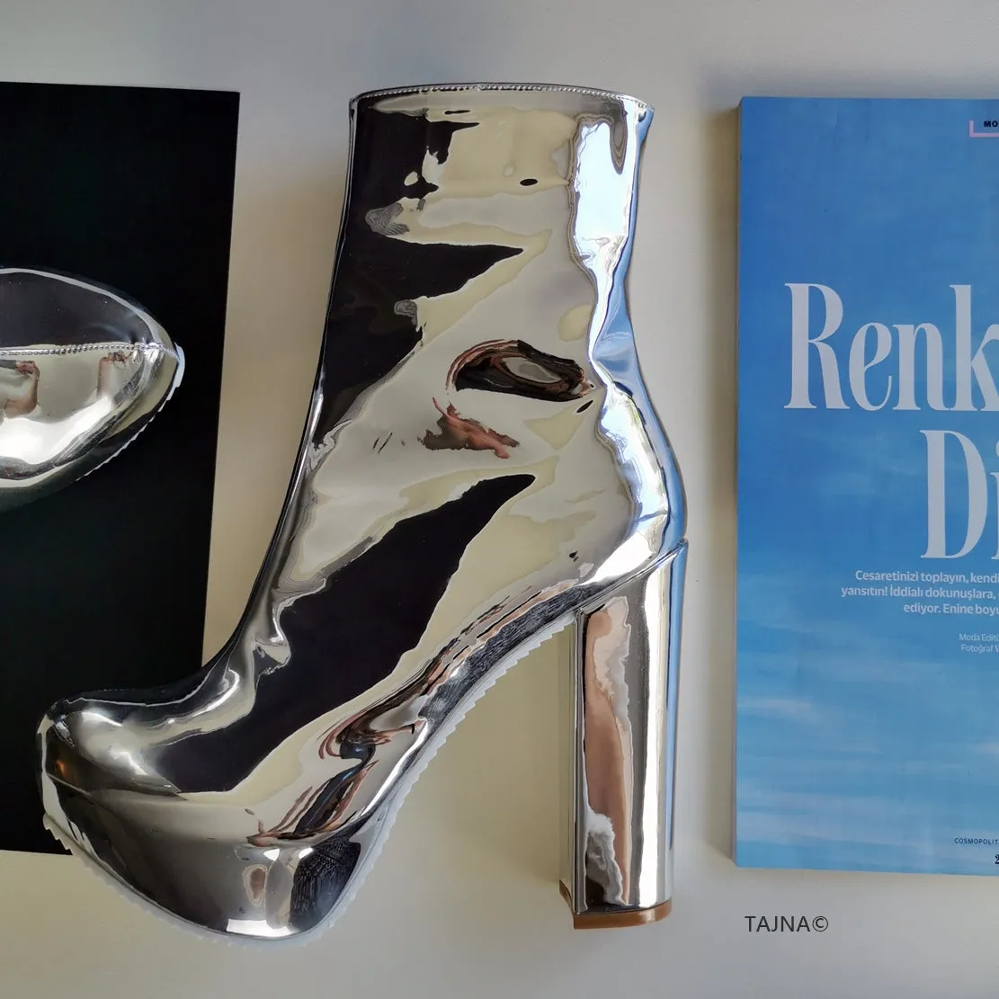 Silver Patent Mirror Chunky Heel Boots