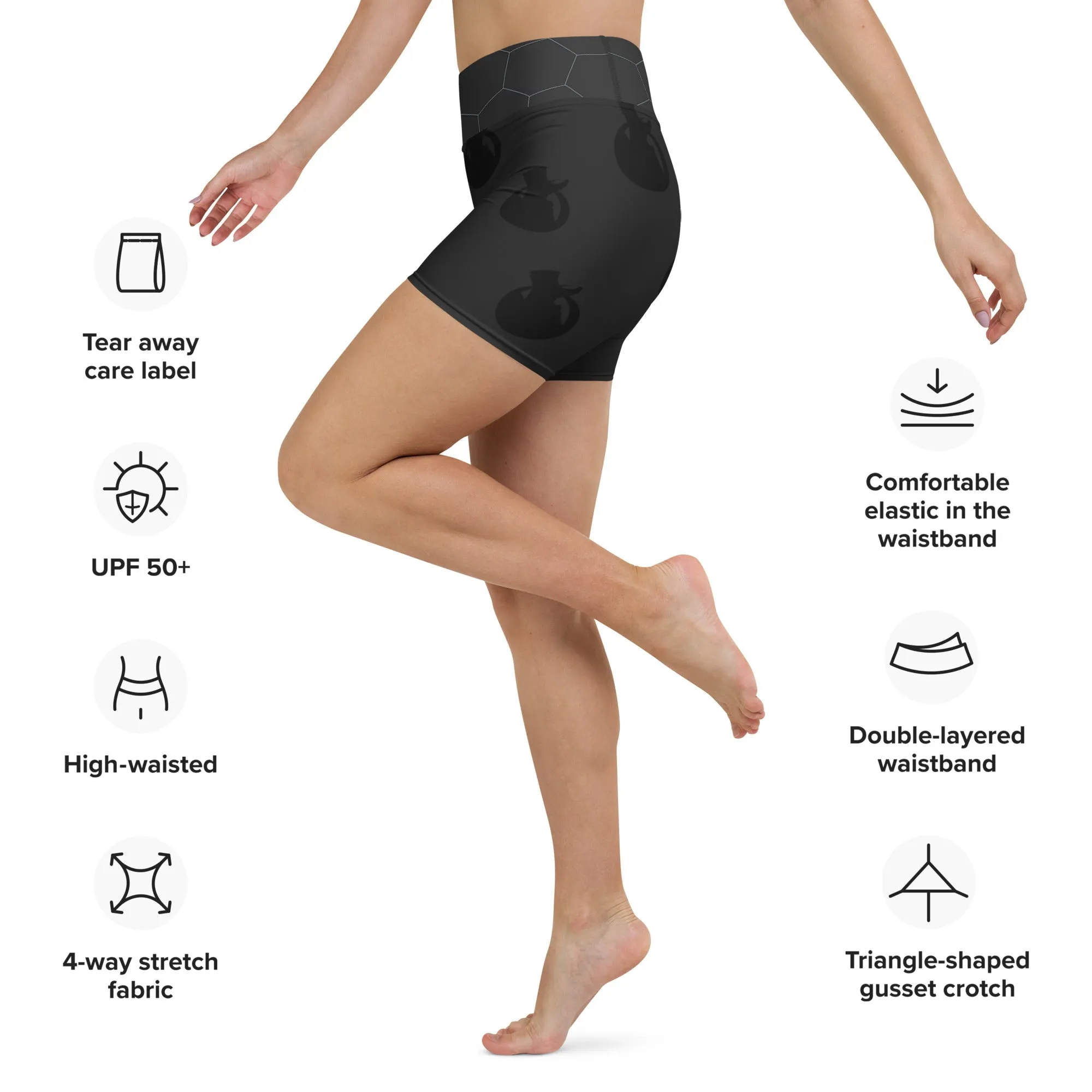 Snooty Fox Art Yoga Shorts - Hex waist, Black Logo