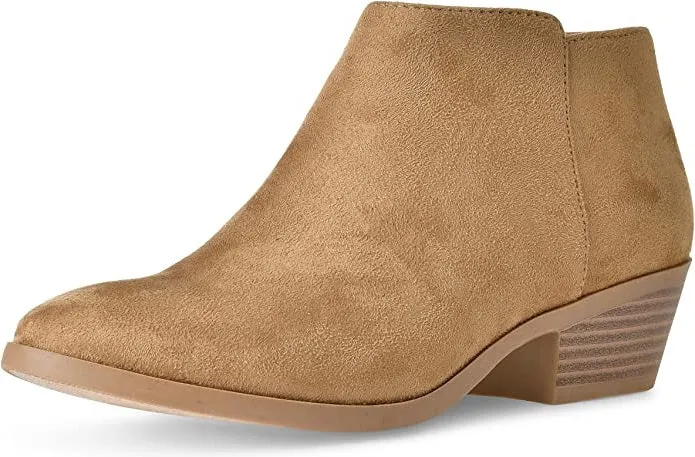 Soda Mug Natural Low Chunky Block Stacked Heel Suede Western Ankle Bootie