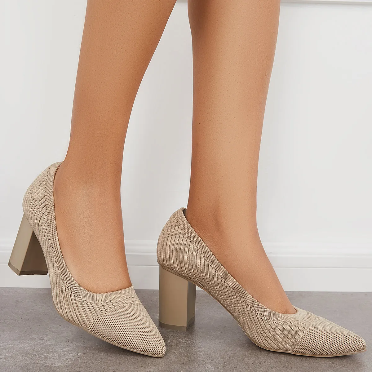 Sohiwoo woman formal Women Knit Office Pumps Pointed Toe Chunky Heel Dress Shoes