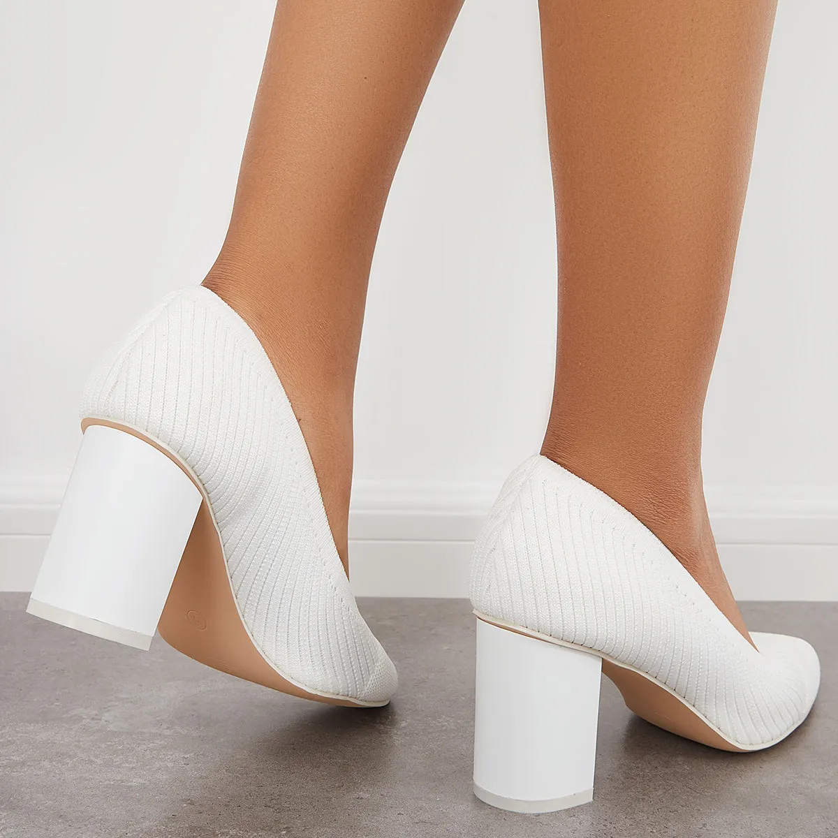 Sohiwoo woman formal Women Knit Office Pumps Pointed Toe Chunky Heel Dress Shoes