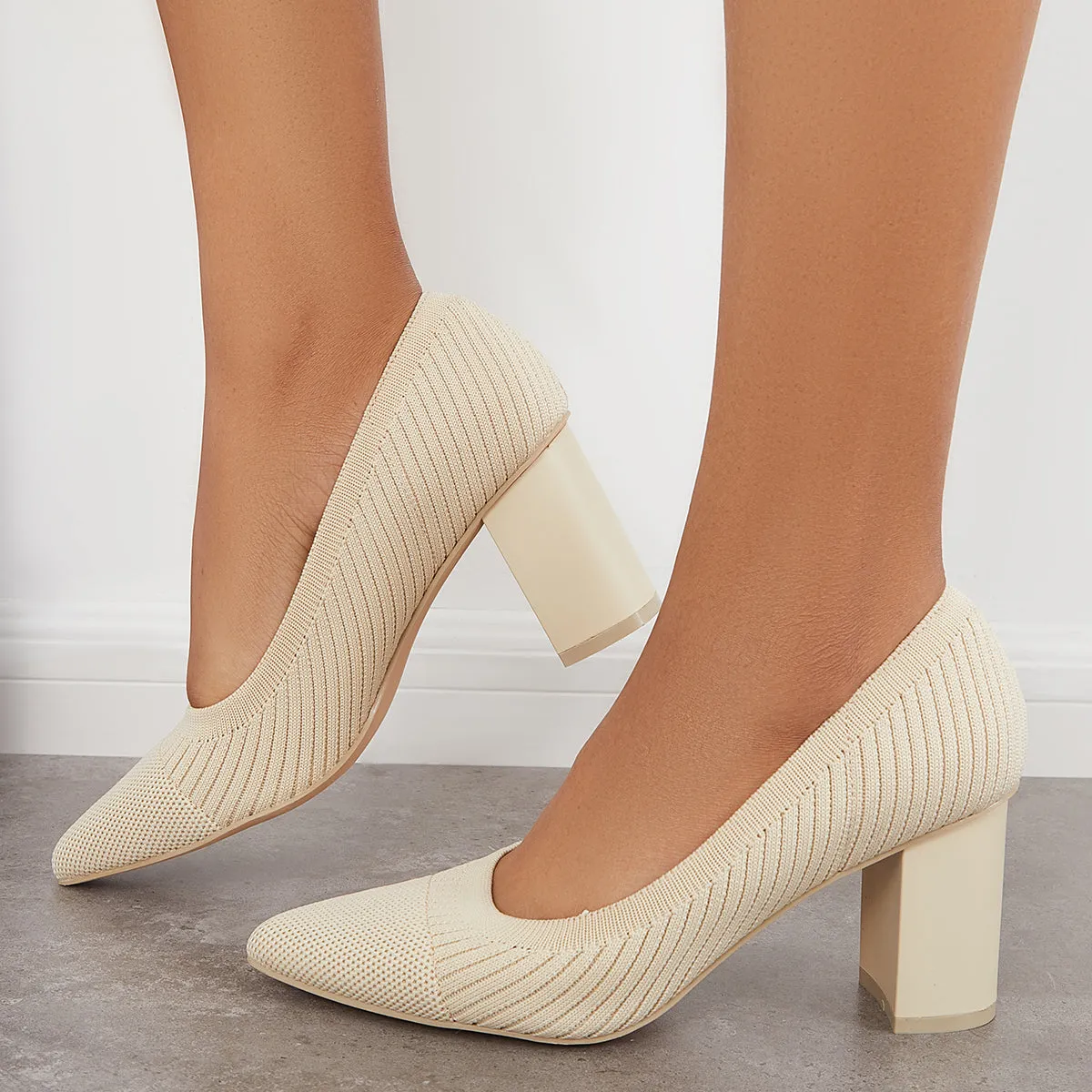 Sohiwoo woman formal Women Knit Office Pumps Pointed Toe Chunky Heel Dress Shoes