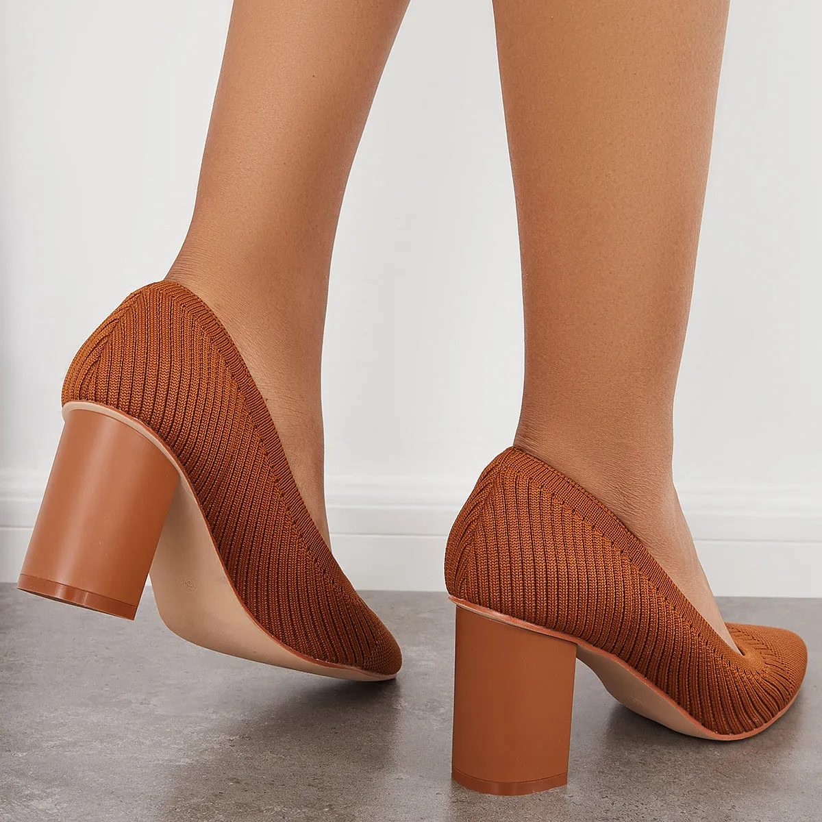 Sohiwoo woman formal Women Knit Office Pumps Pointed Toe Chunky Heel Dress Shoes