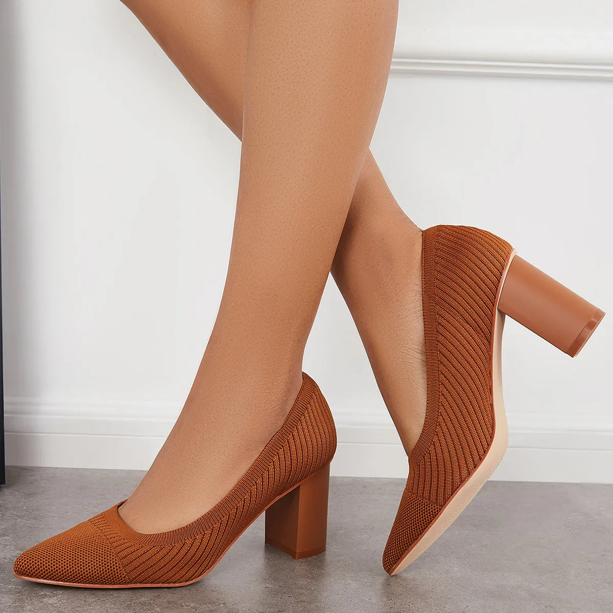 Sohiwoo woman formal Women Knit Office Pumps Pointed Toe Chunky Heel Dress Shoes