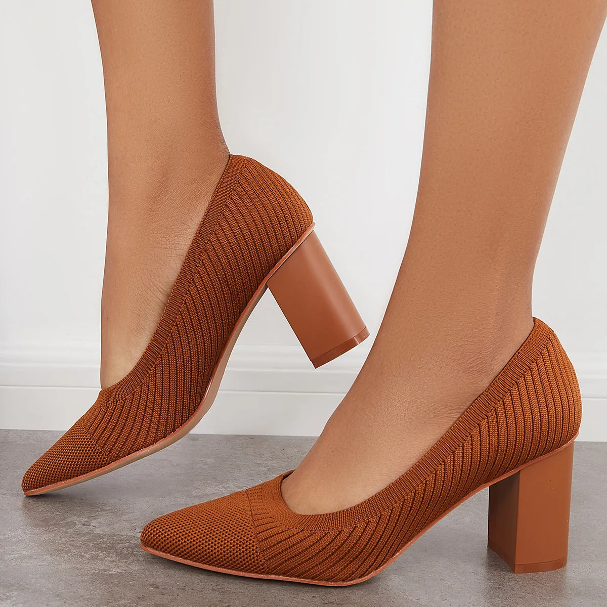 Sohiwoo woman formal Women Knit Office Pumps Pointed Toe Chunky Heel Dress Shoes