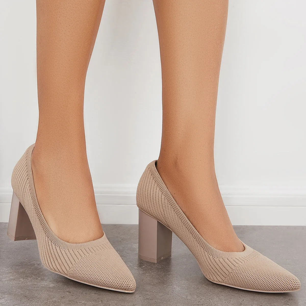 Sohiwoo woman formal Women Knit Office Pumps Pointed Toe Chunky Heel Dress Shoes