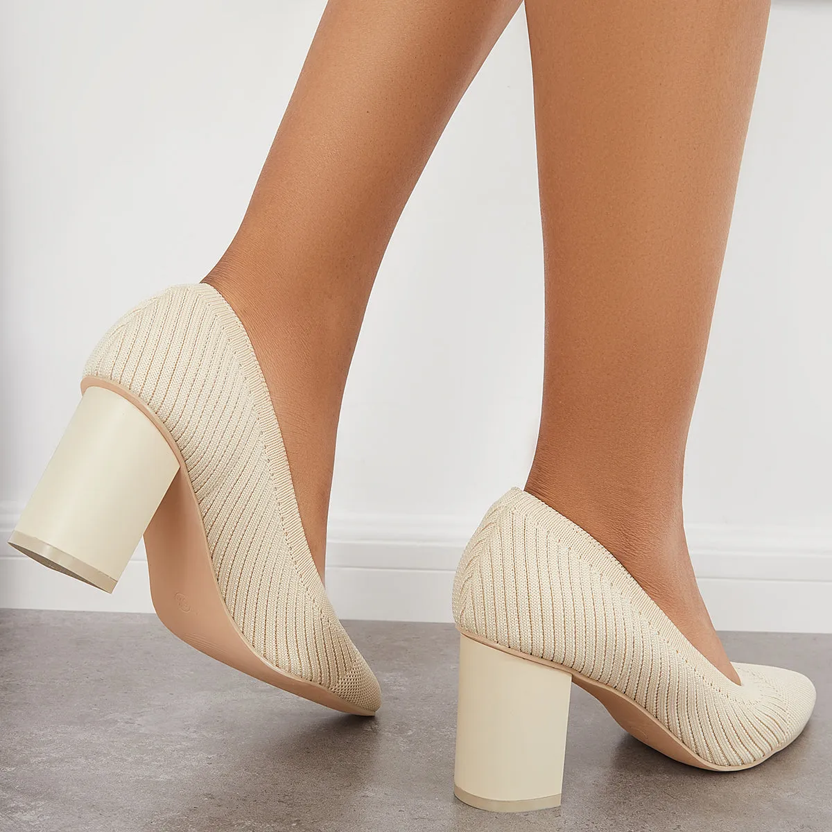 Sohiwoo woman formal Women Knit Office Pumps Pointed Toe Chunky Heel Dress Shoes